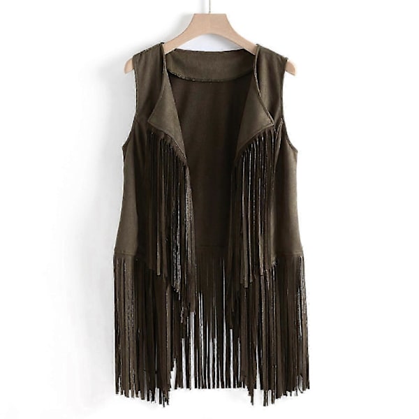 Dame Vinter Semsket Etnisk Ermeløs Dusker Frynser Vest Cardigan Green M
