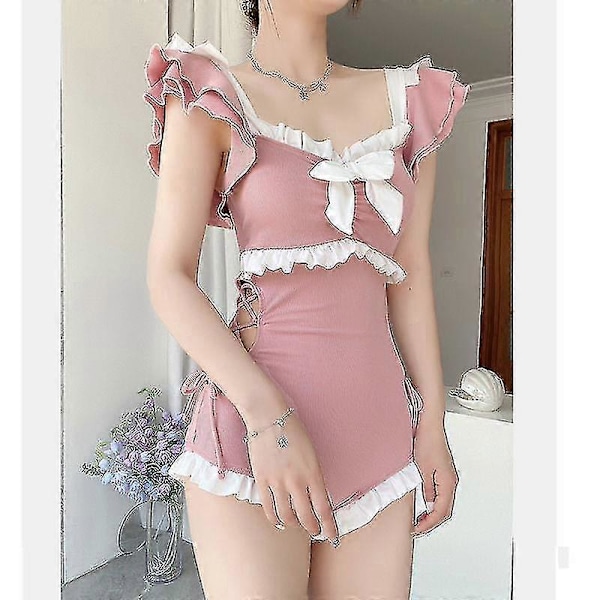 Kawaii Baddräkt Dam Bikini En-delad Monokini Sexig Push Up Ny Koreansk Mode Badkläder Flickor Vadderad Strandkläder Simning Sommar Pink XL(55-60kgs)