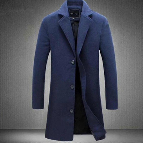 Stor Storlek Herr Klassisk Yllerock Varm Vinter Enkelknäppt Lång Trenchcoat Casual Slim Fit Ytterkläder Navy Blue 4XL