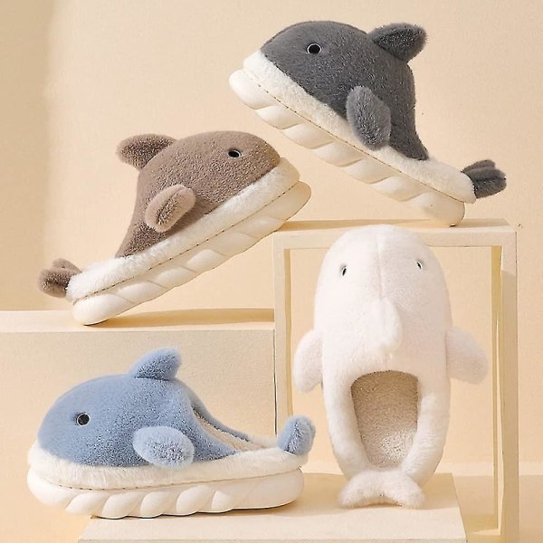 Bløde Plys Hvalhaj Fuzzy Hjemmesko 4 cm Høje Såler Til Kvinder Mænd, Vinter Kunstpels Søde Dyr Par Matchende Hjemmesko White EUR44-45