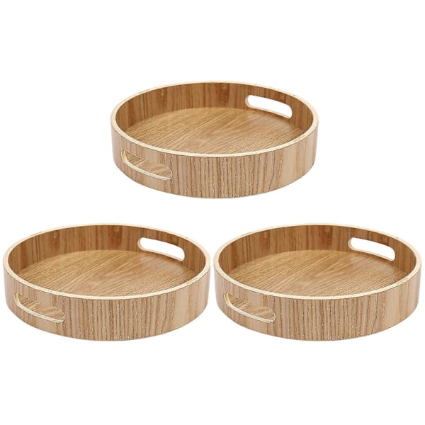 3x Rund Serveringsbrett Bambus Trebrett For Middag Tebar Frokost Matbeholder Håndtak Oppbevaring