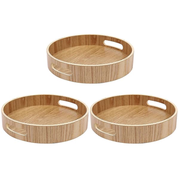 3x Rund Serveringsbricka Bambu Träbricka För Middagsbrickor Te Bar Frukost Matbehållare Handtag Förvaring