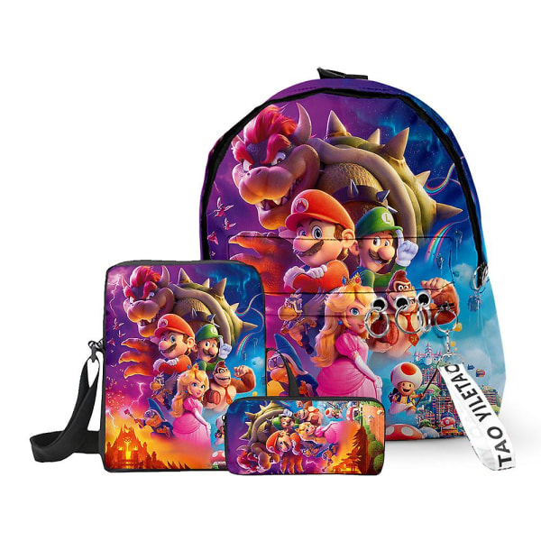 3st Mario Ryggsäck+lunchpaket+pennväska Super Mario Bros Skolväska Anime Väska Barn Skolryggsäck Axelväskor Case Mario 03 Backpack