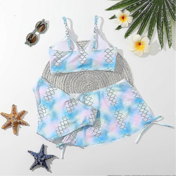 Sommar Tankini Set för Små Flickor, 3 Delar/set, Strand Surf Badkläder 8-12 År, Vadderad Bikini Baddräkt Set för Barn blue pink 140