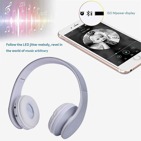 Trådlösa Bluetooth-hörlurar, Over Ear-headset med mikrofon, hopfällbara och lätta, MP3-läge och FM-radio för mobiltelefoner, bärbara datorer och TV Silver