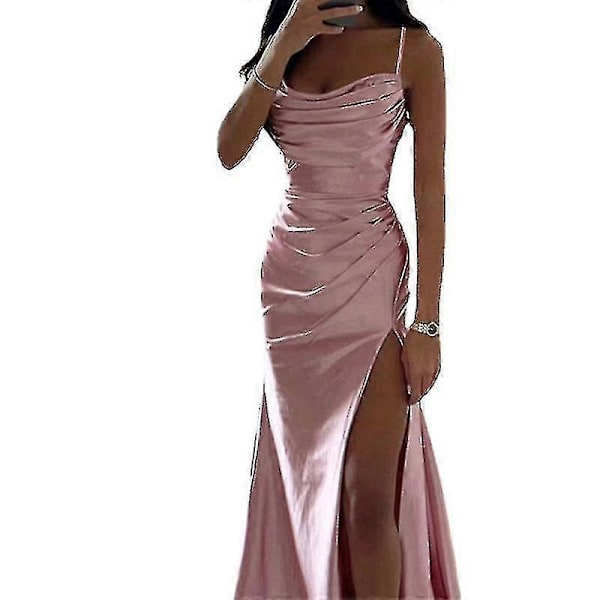 Dame Lang Maxikjole Cowl Neck Aftenkjole Ærmeløs Satin Slip Kjole Fest Casual Pink 2XL