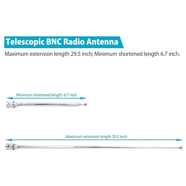 (2 Pak) Bnc Radioantenne med Bnc Han-stik Adapter Teleskopisk Rustfrit Stål Hf