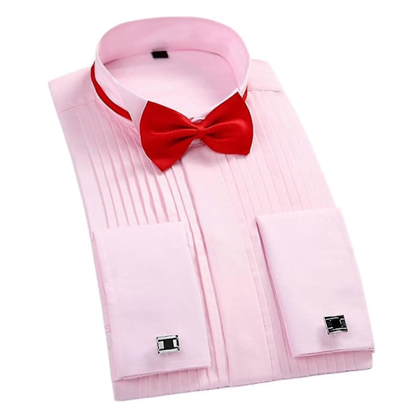 Bröllopsfrackskjorta med vinge, fluga, plisserad skjorta, manschettknappar, långärmad, vanlig topp för män Pink 41