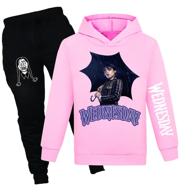 Onsdag Addams Printed Kids träningsoverall Set Hooded Sweatshirt Byxor Set Pink 9-10 Years