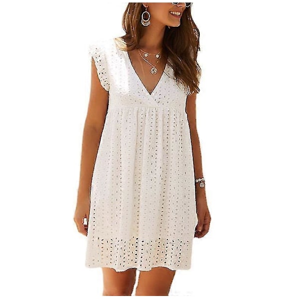 Naisten V-aukkoinen pitsinen lyhythihainen rento lyhyt mekko White XL