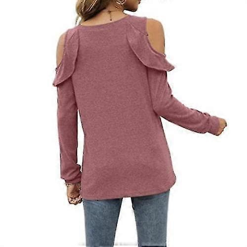Långärmad ledig lös damtröja, stickad off-shoulder topp Red L
