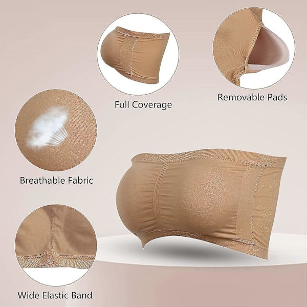 3 Pakker Stroppeløse BH-er for Kvinner, Dame Bandeau BH, Polstret Sømløs Crop BH Myk Komfort Trådløs Bralette Beige 2XL