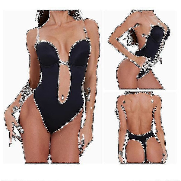 Dame Rygfri Bodysuit Shapewear U Dyb Udskæring Sømløs G-streng Dyb V-hals Body Shaper Til Bryllup-5 Black 2XL(40)