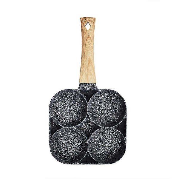 4 Håls Stekpanna Förtjockad Omelettpanna Svart Non-stick Äggbiff Skinka Pannkaka Trähandtag Matlagning B