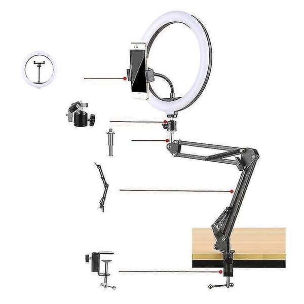 10 tums LED Selfie Ring Light Förlängningsbar Arm Stativ Skrivbords Telefonfäste