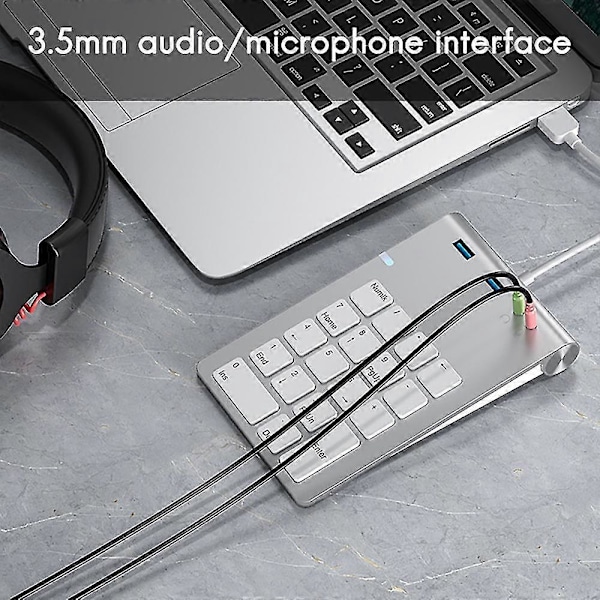 USB Numerisk Tastatur med USB3.0+3.5mm Lydgrensesnitt Hub Multifunksjonell Regnskap Finansiell Kalkulator