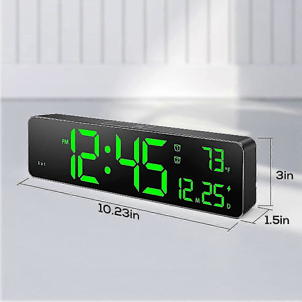 Digital vægur, LED-cifre, dobbelt vækkeur, automatisk dæmpning, 12/24 timers format, lydløs vægur