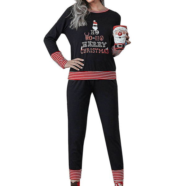 Christmas Women's Letter Printed Long Sleeve Pyjamas Set Christmas Pyjamas Lounge Wear Set Black 2XL