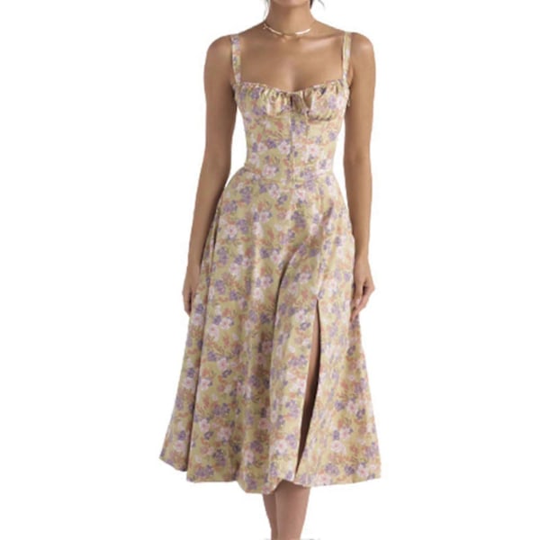 Muotiprinttikorsetti Aurinkomekko Kiristysnyöri Pitsi Hihaton Mekko Naisille Blue Flower M