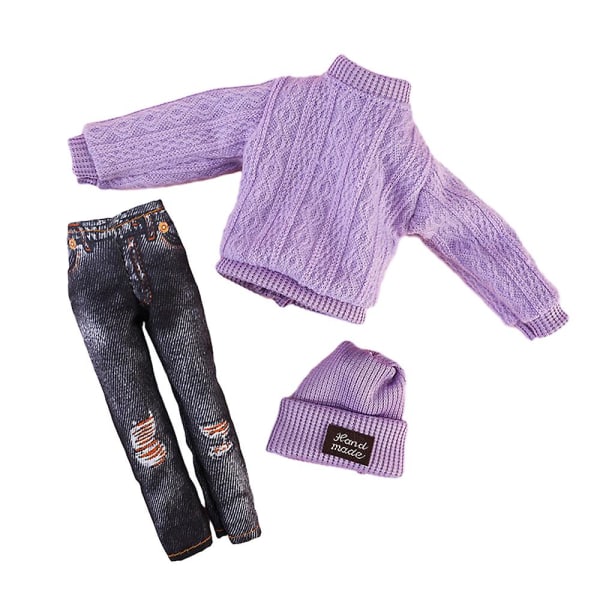 Mode 1/6 Dock Kläder Set Prinsessan Tröja Toppar Jeans Skor Hatt Outfit Set Present för tjejer Purple Blue