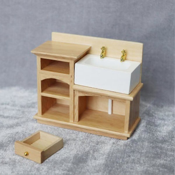 Tvättställsskåp i trä med keramisk handfat Miniatyrmöbler Leksaker för 1/12 Dockhus Badrum