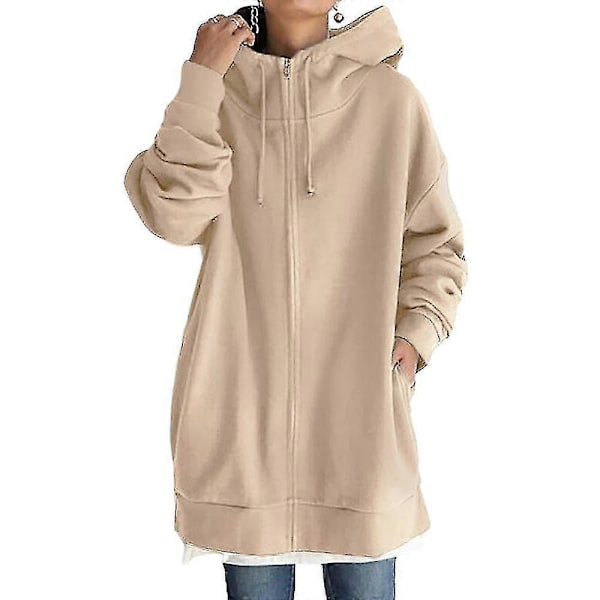 Dame Ensfarvet Fuld Lynlås Hættetrøje Frakke Casual Udendørs Efterår Langærmet Hætte Lommer Jakke Khaki 3XL