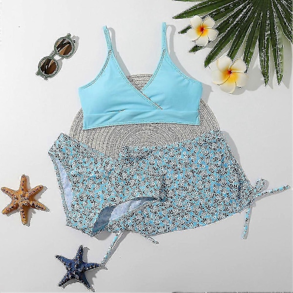 Sommar Tankini Set för Små Flickor, 3 Delar/set, Strand Surf Badkläder 8-12 År, Vadderad Bikini Baddräkt Set för Barn blue 150