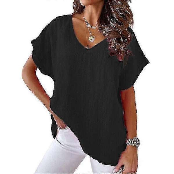 Dame Bomuld Linned Tunika Toppe Kvinder V-Hals T-Shirt Løs Bluse Plus Størrelse P20211224421 black 5XL