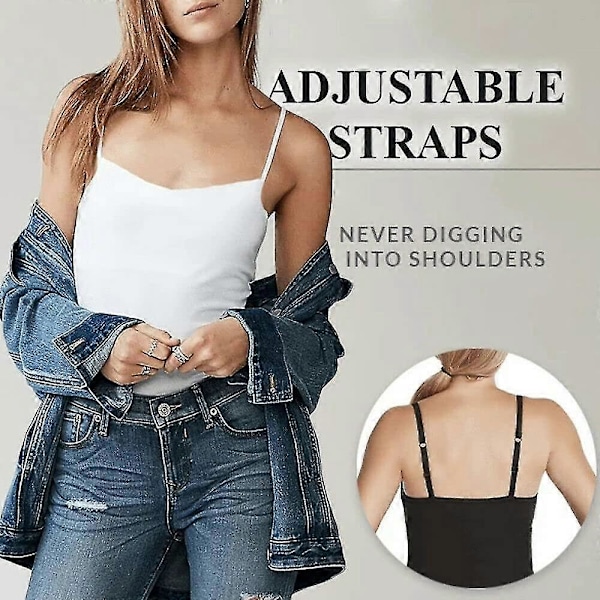 2-i-1 Basic Sømløs Camisole til Kvinder, Ensfarvet Spaghetti Stropper, Slim Fit Bomuld, Justerbare Spaghetti Stropper Tank Top Med Indbygget BH White L
