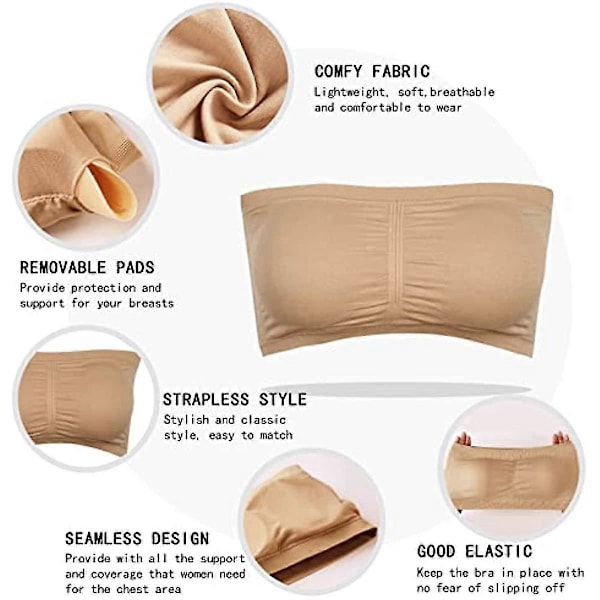 3 pakker stropløse BH'er til kvinder, dame bandeau BH, polstret sømløs crop BH blød komfort trådløs Bralette 3 Colors 4XL