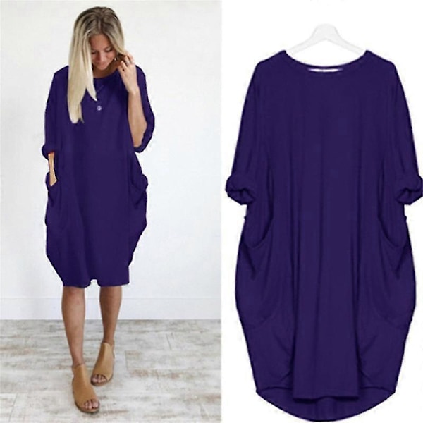 Oversized Tunika Klänning Dam Långärmad Lös Baggy T-shirt Toppar blue M