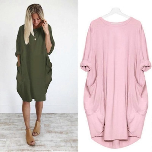 Oversized Tunika Klänning Dam Långärmad Lös Baggy T-shirt Toppar pink 2XL