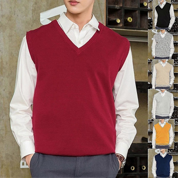 Ärmlös Lös Varm Tröjväst Herr V-ringad Pullover Västar Red XL