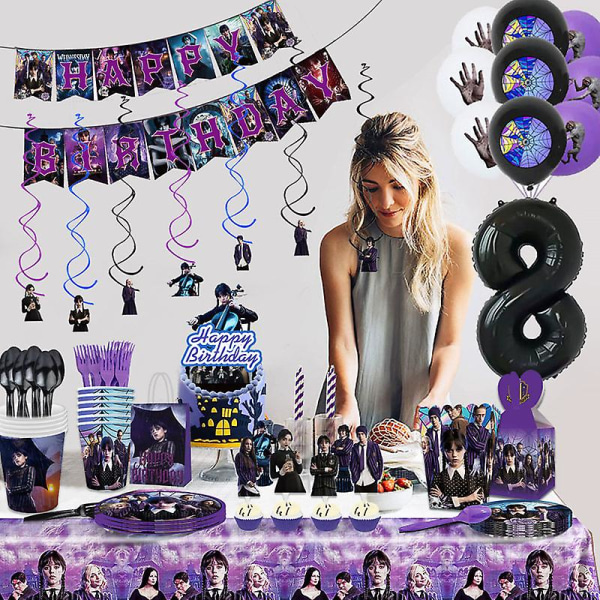 Onsdag Addams Bursdagsparty Dekorasjonsbanner Ballong Servise Festlig Arrangement Forbruksvarer Hjemmedekor Kopper Bakgrunn 1pcs banner9