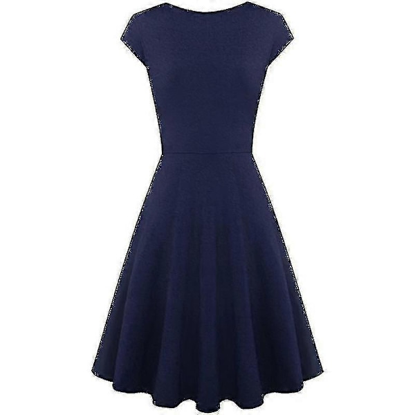 Elegant ensfarget kortarmet V-hals aften cocktail ballkjole sommerkjole for kvinner Navy XXXXL