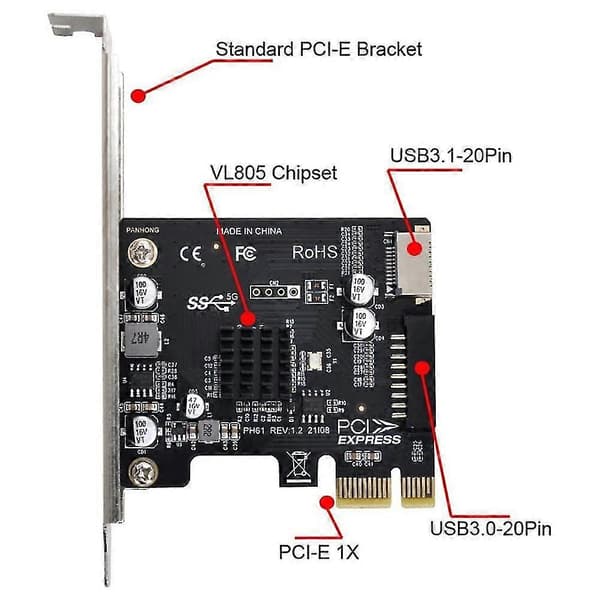 Vl805 Emolevyadapteri 5 Gbps Type E Usb 3.1 Etupaneelin Naaras & Usb 2.0 - Pci-e 1x Express -kortti