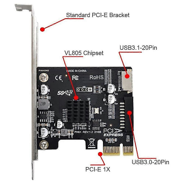 Vl805 Moderkortsadapter 5gbps Typ E Usb 3.1 Frontpanel Hona & Usb 2.0 Till Pci-e 1x Expresskort