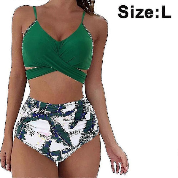 Højtaljet bandage bikini sæt til kvinder, wrap todelt push up badedragter krydsmønster dame badetøj Green leaves L
