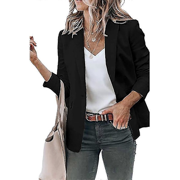 Dame Ensfarvet Åben Front Revers Blazer Langærmet Arbejde Kontor Cardigan Jakke Black L