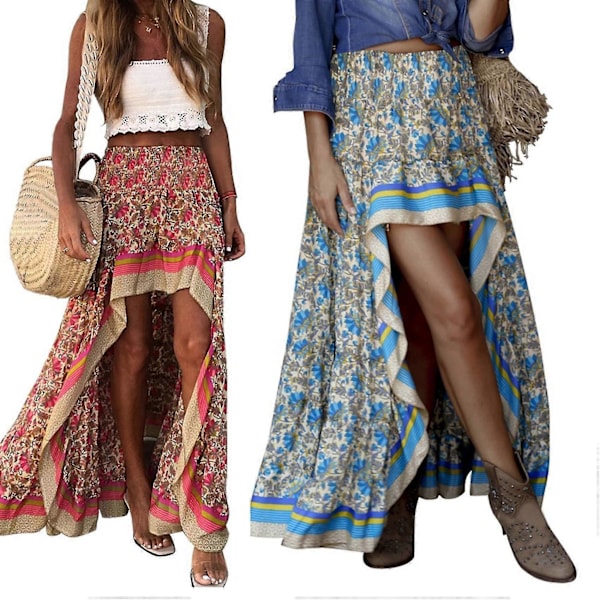 2 stk. Boho Print Lange Nederdele Dame Underdele Elastisk Talje Gypsy Etnisk Dame Nederdel S Størrelse Rød & Blå