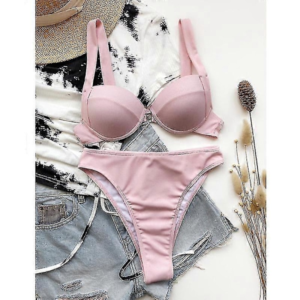 Naisten bikinit uimapuvut peitekolmio bikinisetit seksikkäät ranta-asut kaksiosaiset uimapuvut yksivärinen PINK S