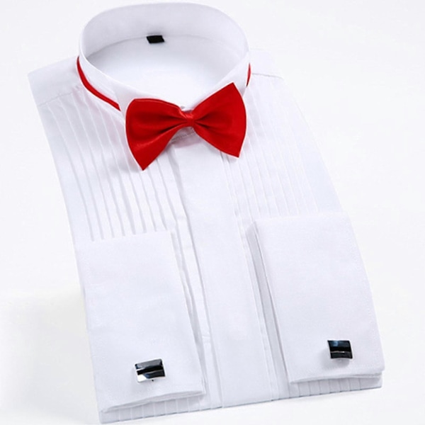 Bryllupssmoking Skjorte Wing Tip Krage Med Sløyfe Plissert Skjorte Mansjettknapper Langermet Vanlig Topp For Menn White 42