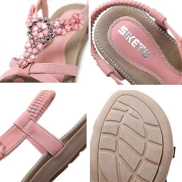 Dame Rhinestone Sandaler, T-stropp Spenne Perle Krystall Flate Sandaler Pink 37
