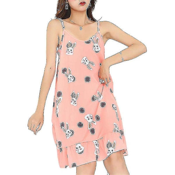 Dam Söt Tecknad Tryck Nattlinne Ärmlös Cami Nattklänning Lös Sovklänning Orange Rabbit M