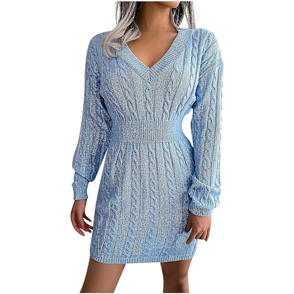Høstkjoler for kvinner Kabelstrikket langermet rund hals Genser midjekjole Slim Fit S-2xl Style1 L