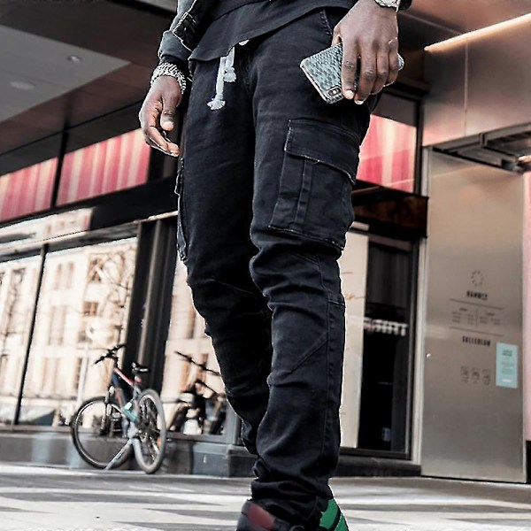 Miesten Skinny Cargo Combat Denim Farkut Rento Slim Fit Housut Black L