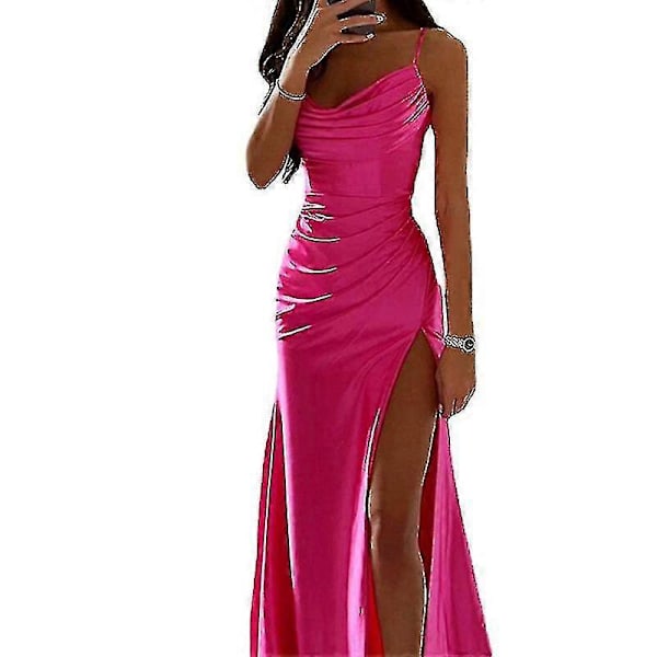 Dame Lang Maxikjole Cowl Neck Aftenkjole Ærmeløs Satin Slip Kjole Fest Casual Rose Red 2XL
