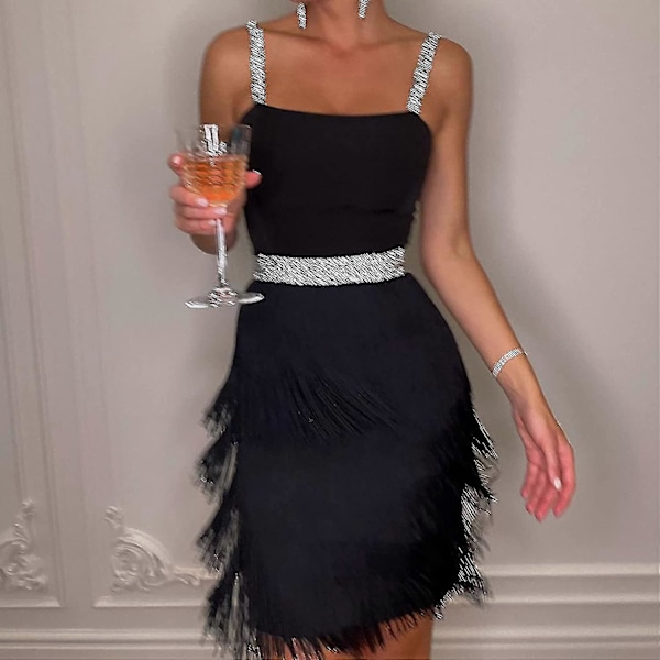 Cocktail-mekkoja naisille, seksikäs syvä V-kaula-aukko, kokonaan hapsuilla, spagettiolkaimilla, paljeteilla ja höyhenillä koristeltu tanssiaismekko 6-black Medium