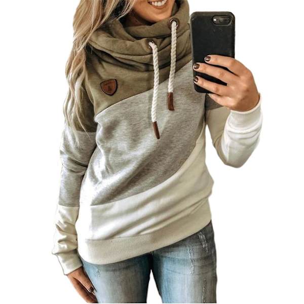 Dame Efterår Vinter Farveblok Langærmet Casual Pullover Toppe Khaki 4XL