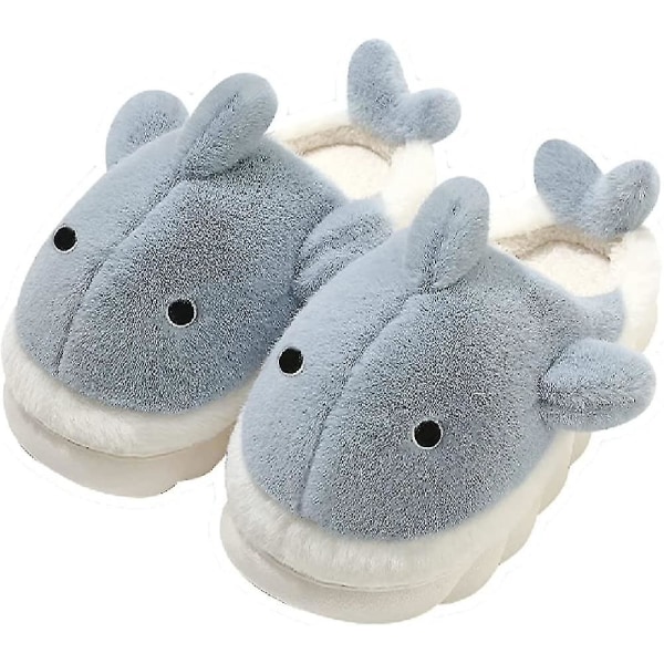Bløde Plys Hvalhaj Fuzzy Hjemmesko 4 cm Høje Såler Til Kvinder Mænd, Vinter Kunstpels Søde Dyr Par Matchende Hjemmesko Blue EUR42-43